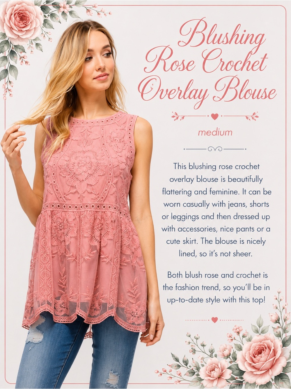 Blushing Rose Crochet Overlay Blouse NEW